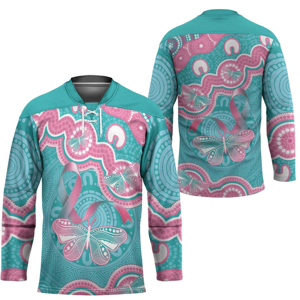 Hereditary And Gynecologic Cancer Awareness Hockey Jersey Teal Pink Ribbon Aboriginal Art - Aussie Hoodie