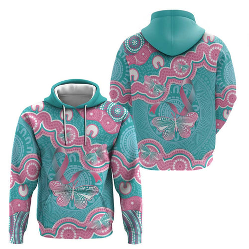 Hereditary And Gynecologic Cancer Awareness Hoodie Teal Pink Ribbon Aboriginal Art - Aussie Hoodie