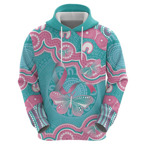 Hereditary And Gynecologic Cancer Awareness Hoodie Teal Pink Ribbon Aboriginal Art - Aussie Hoodie