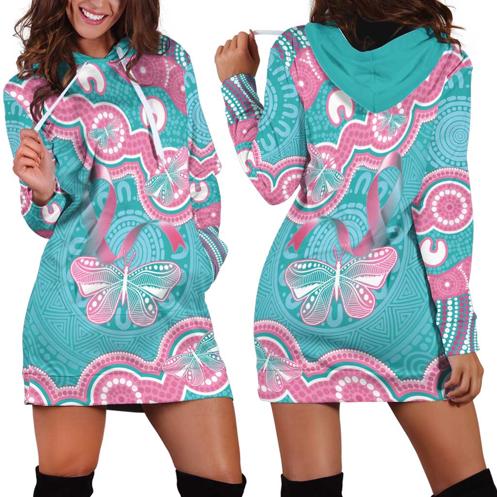 Hereditary And Gynecologic Cancer Awareness Hoodie Dress Teal Pink Ribbon Aboriginal Art - Aussie Hoodie