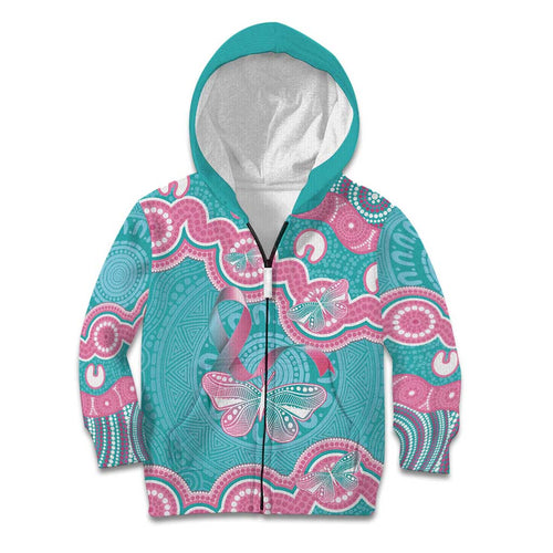 Hereditary And Gynecologic Cancer Awareness Kid Hoodie Teal Pink Ribbon Aboriginal Art - Aussie Hoodie