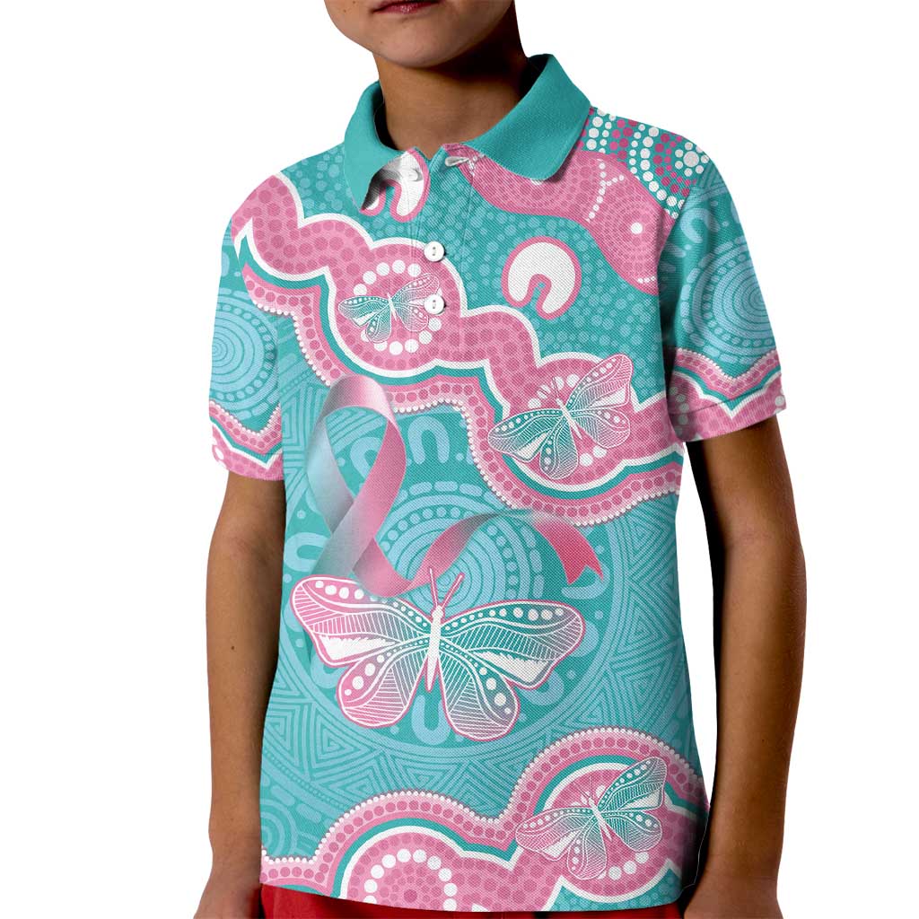 Hereditary And Gynecologic Cancer Awareness Kid Polo Shirt Teal Pink Ribbon Aboriginal Art - Aussie Hoodie
