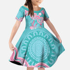 Hereditary And Gynecologic Cancer Awareness Kid Short Sleeve Dress Teal Pink Ribbon Aboriginal Art - Aussie Hoodie