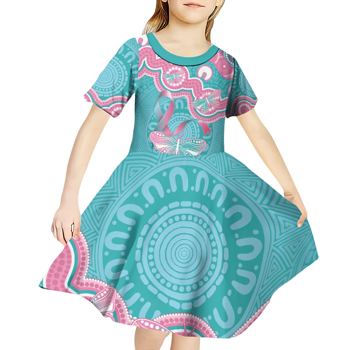 Hereditary And Gynecologic Cancer Awareness Kid Short Sleeve Dress Teal Pink Ribbon Aboriginal Art - Aussie Hoodie