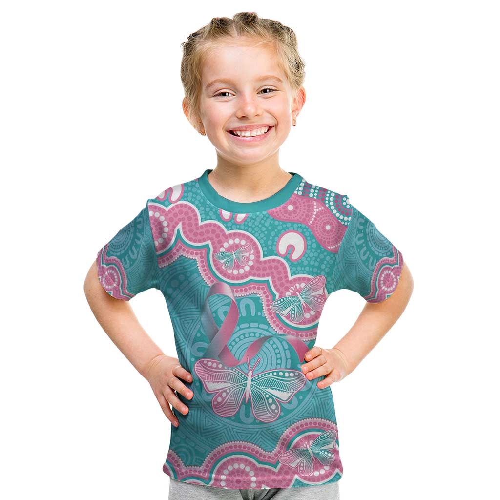 Hereditary And Gynecologic Cancer Awareness Kid T Shirt Teal Pink Ribbon Aboriginal Art - Aussie Hoodie