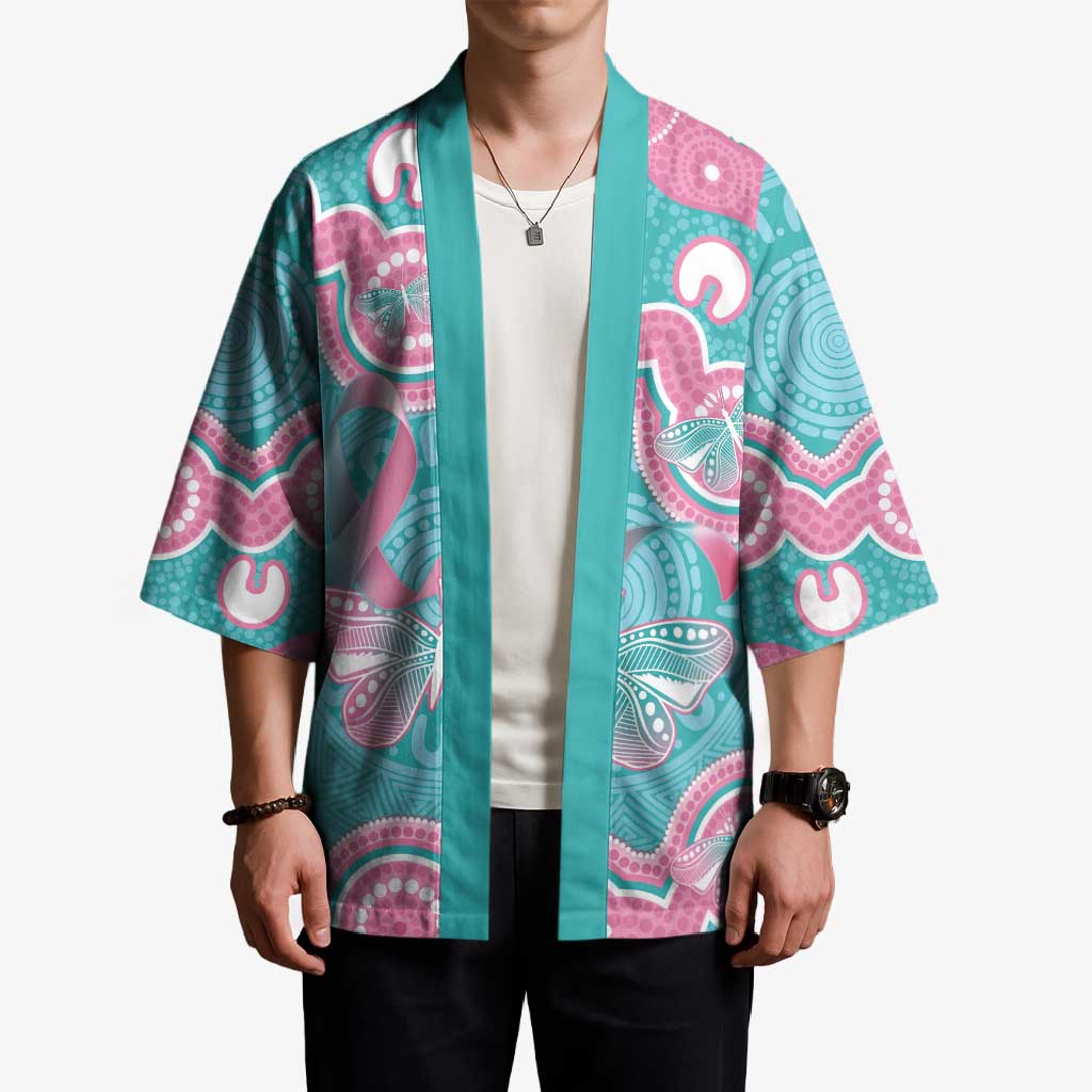 Hereditary And Gynecologic Cancer Awareness Kimono Teal Pink Ribbon Aboriginal Art - Aussie Hoodie