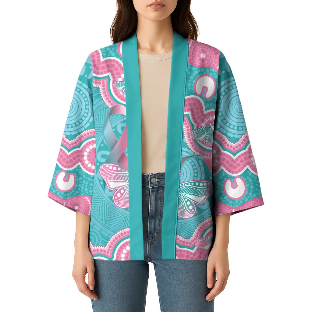 Hereditary And Gynecologic Cancer Awareness Kimono Teal Pink Ribbon Aboriginal Art - Aussie Hoodie