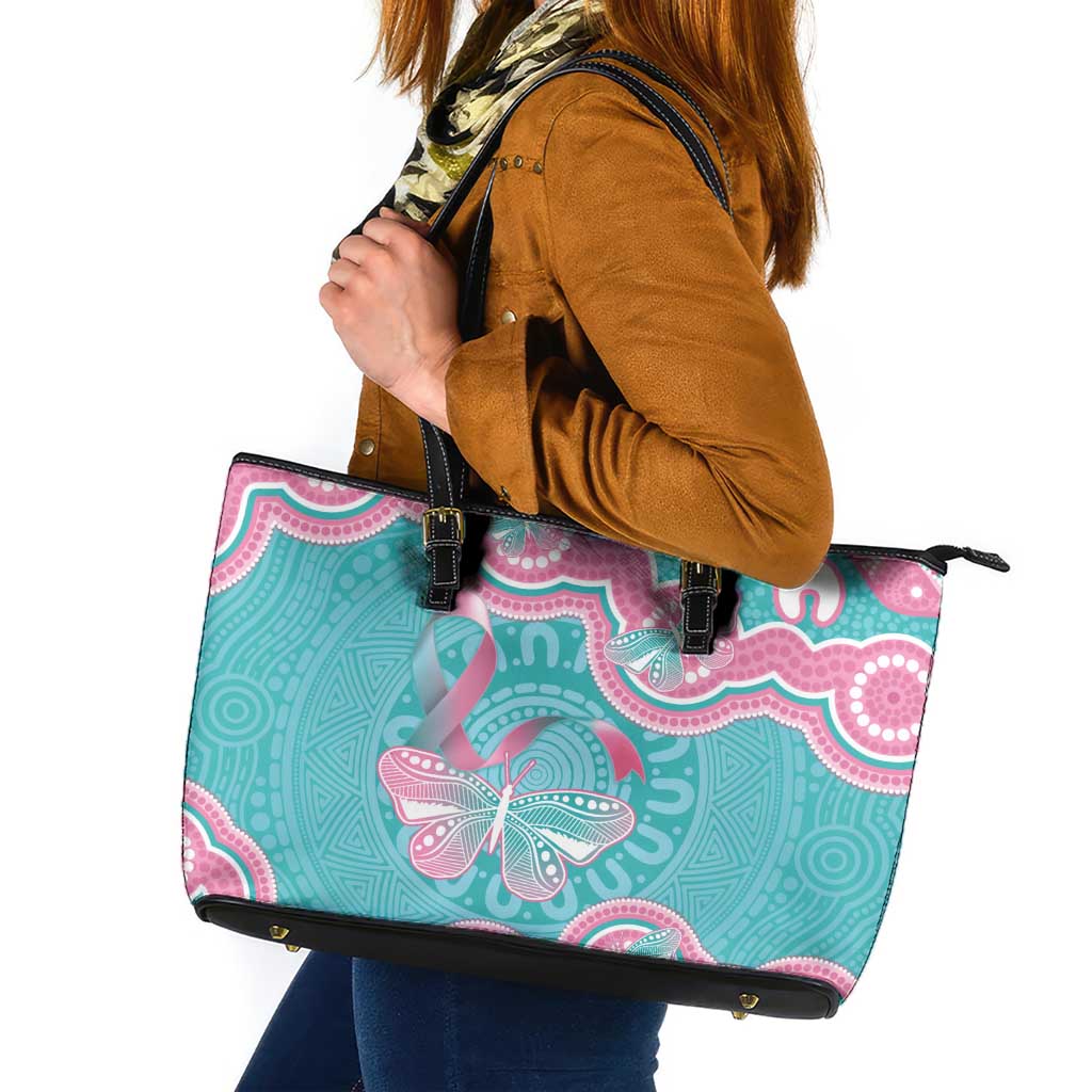 Hereditary And Gynecologic Cancer Awareness Leather Tote Bag Teal Pink Ribbon Aboriginal Art - Aussie Hoodie