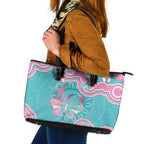Hereditary And Gynecologic Cancer Awareness Leather Tote Bag Teal Pink Ribbon Aboriginal Art - Aussie Hoodie