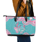 Hereditary And Gynecologic Cancer Awareness Leather Tote Bag Teal Pink Ribbon Aboriginal Art - Aussie Hoodie