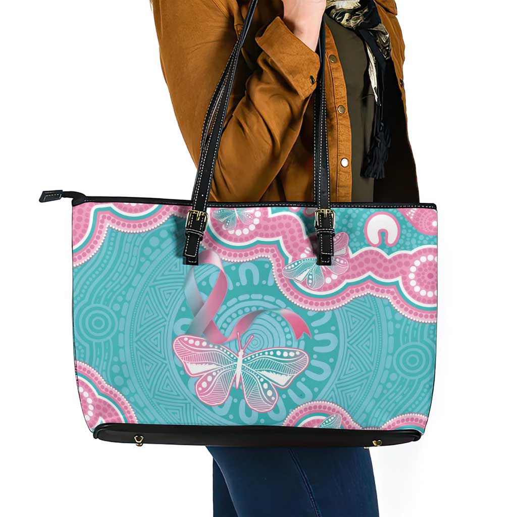 Hereditary And Gynecologic Cancer Awareness Leather Tote Bag Teal Pink Ribbon Aboriginal Art - Aussie Hoodie