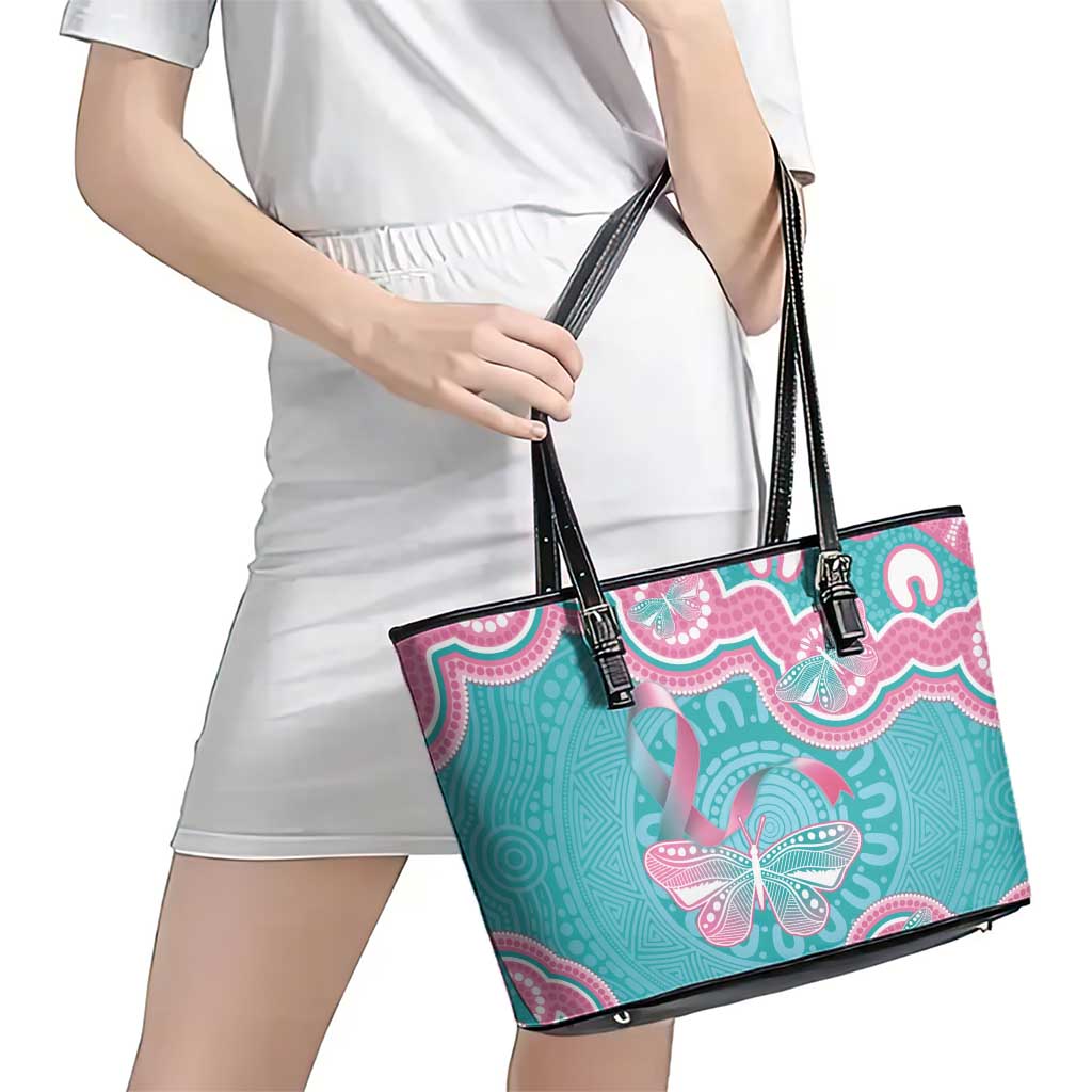 Hereditary And Gynecologic Cancer Awareness Leather Tote Bag Teal Pink Ribbon Aboriginal Art - Aussie Hoodie