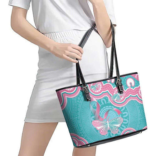 Hereditary And Gynecologic Cancer Awareness Leather Tote Bag Teal Pink Ribbon Aboriginal Art - Aussie Hoodie