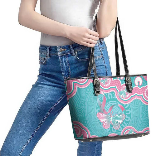 Hereditary And Gynecologic Cancer Awareness Leather Tote Bag Teal Pink Ribbon Aboriginal Art - Aussie Hoodie