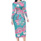 Hereditary And Gynecologic Cancer Awareness Long Sleeve Bodycon Dress Teal Pink Ribbon Aboriginal Art - Aussie Hoodie