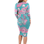 Hereditary And Gynecologic Cancer Awareness Long Sleeve Bodycon Dress Teal Pink Ribbon Aboriginal Art - Aussie Hoodie