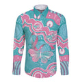 Hereditary And Gynecologic Cancer Awareness Long Sleeve Button Shirt Teal Pink Ribbon Aboriginal Art - Aussie Hoodie