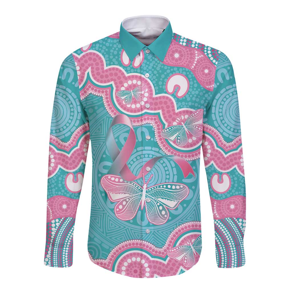 Hereditary And Gynecologic Cancer Awareness Long Sleeve Button Shirt Teal Pink Ribbon Aboriginal Art - Aussie Hoodie