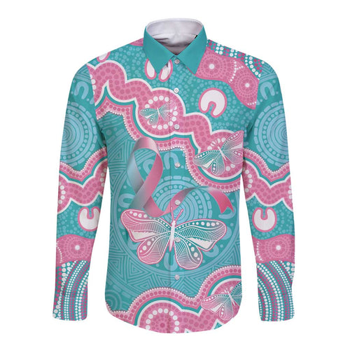 Hereditary And Gynecologic Cancer Awareness Long Sleeve Button Shirt Teal Pink Ribbon Aboriginal Art - Aussie Hoodie