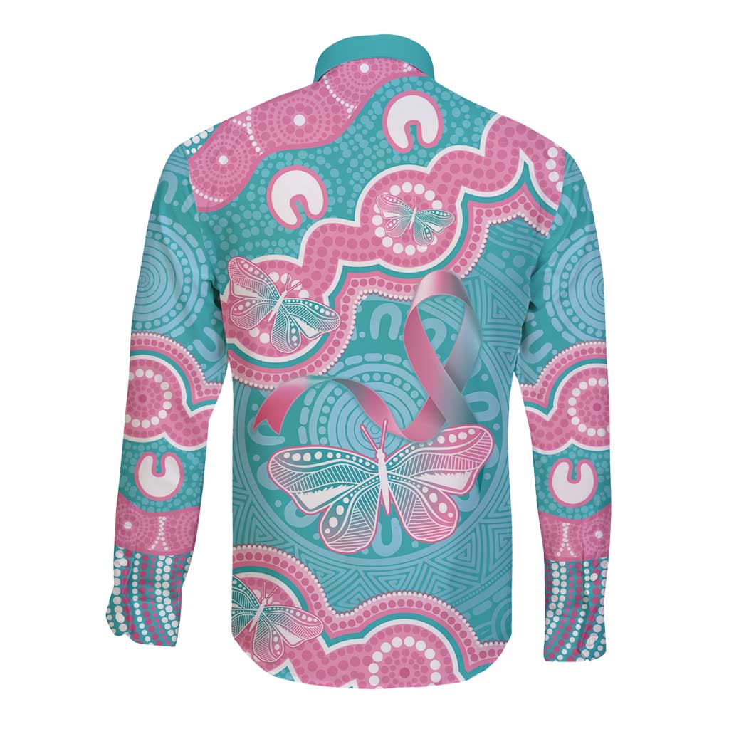 Hereditary And Gynecologic Cancer Awareness Long Sleeve Button Shirt Teal Pink Ribbon Aboriginal Art - Aussie Hoodie