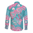 Hereditary And Gynecologic Cancer Awareness Long Sleeve Button Shirt Teal Pink Ribbon Aboriginal Art - Aussie Hoodie