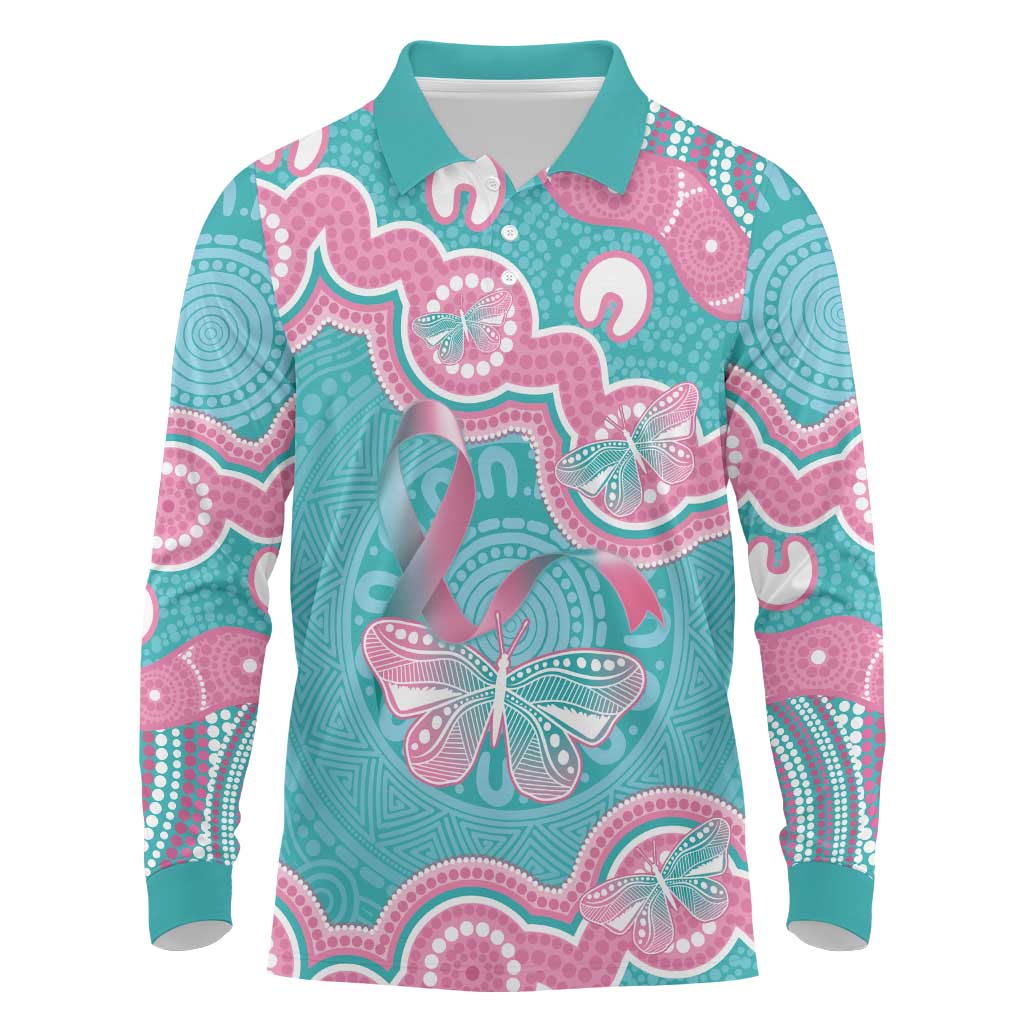 Hereditary And Gynecologic Cancer Awareness Long Sleeve Polo Shirt Teal Pink Ribbon Aboriginal Art - Aussie Hoodie