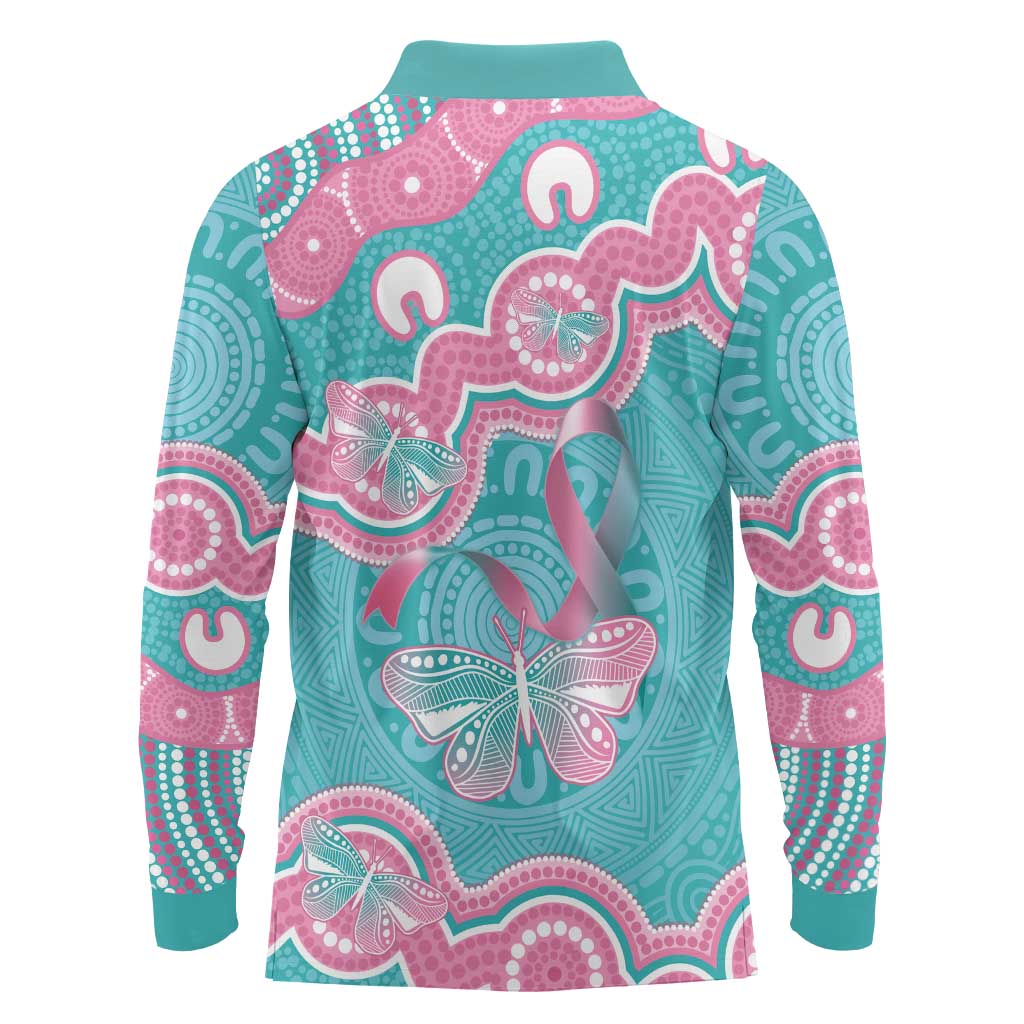 Hereditary And Gynecologic Cancer Awareness Long Sleeve Polo Shirt Teal Pink Ribbon Aboriginal Art - Aussie Hoodie
