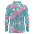 Hereditary And Gynecologic Cancer Awareness Long Sleeve Polo Shirt Teal Pink Ribbon Aboriginal Art - Aussie Hoodie
