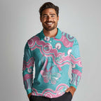 Hereditary And Gynecologic Cancer Awareness Long Sleeve Polo Shirt Teal Pink Ribbon Aboriginal Art - Aussie Hoodie