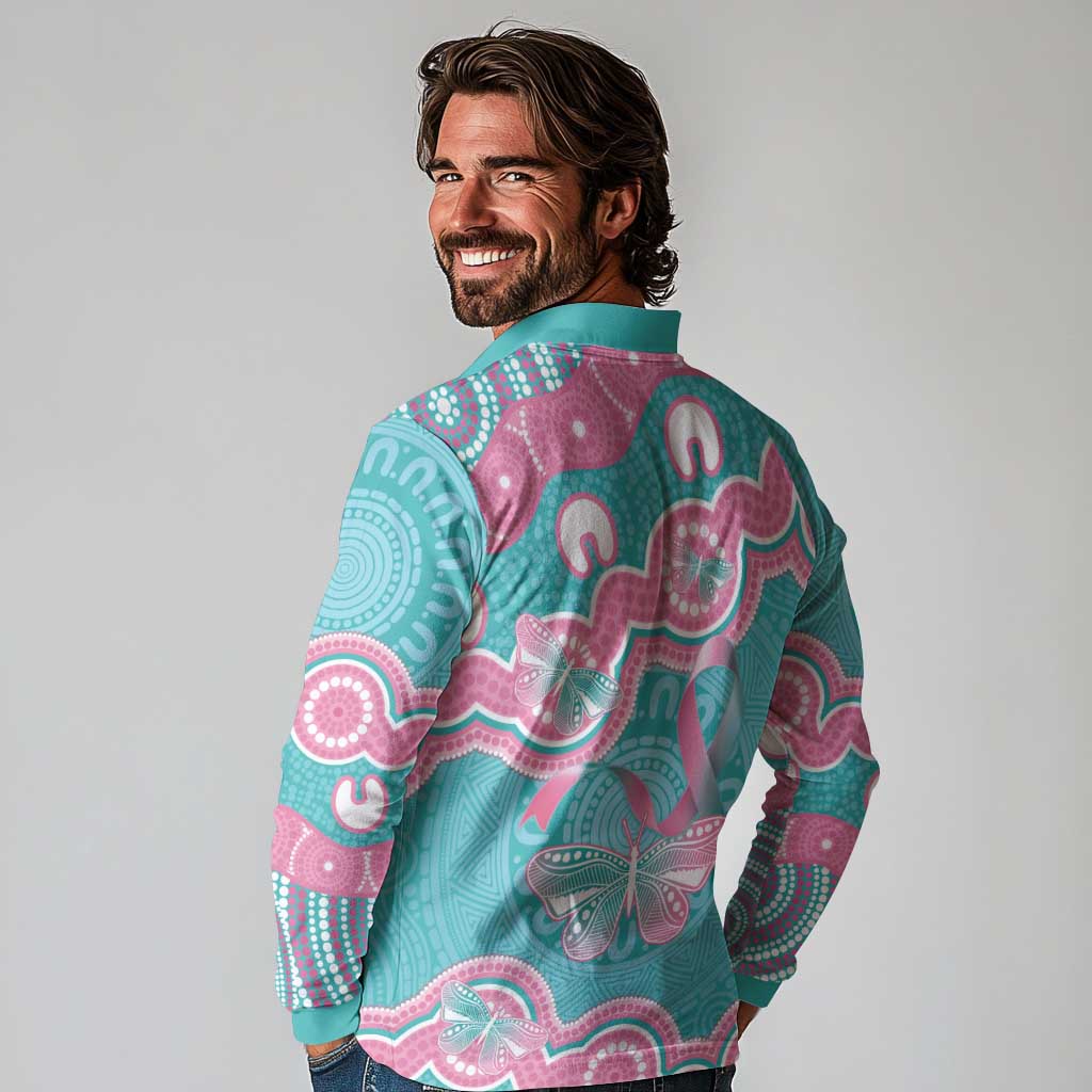 Hereditary And Gynecologic Cancer Awareness Long Sleeve Polo Shirt Teal Pink Ribbon Aboriginal Art - Aussie Hoodie