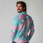 Hereditary And Gynecologic Cancer Awareness Long Sleeve Polo Shirt Teal Pink Ribbon Aboriginal Art - Aussie Hoodie