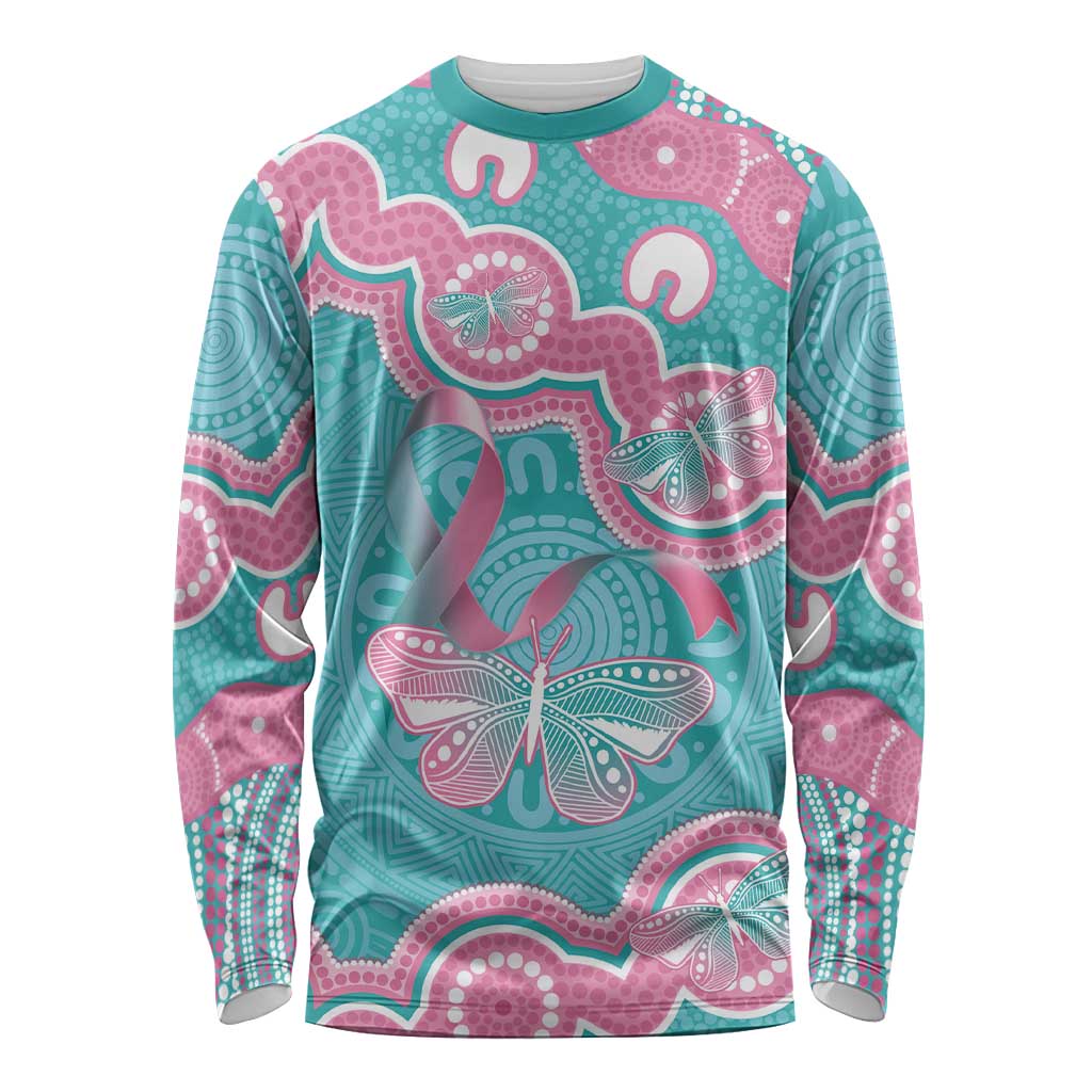 Hereditary And Gynecologic Cancer Awareness Long Sleeve Shirt Teal Pink Ribbon Aboriginal Art - Aussie Hoodie