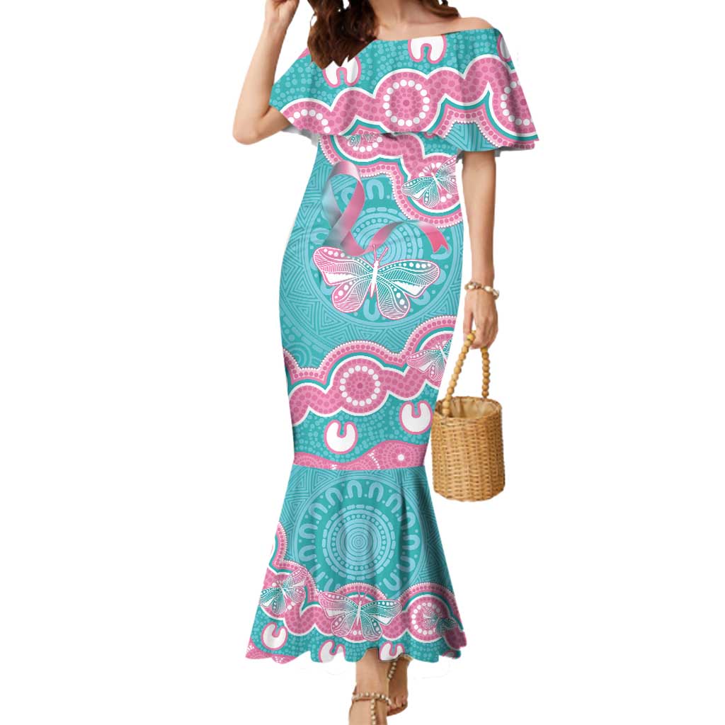 Hereditary And Gynecologic Cancer Awareness Mermaid Dress Teal Pink Ribbon Aboriginal Art - Aussie Hoodie