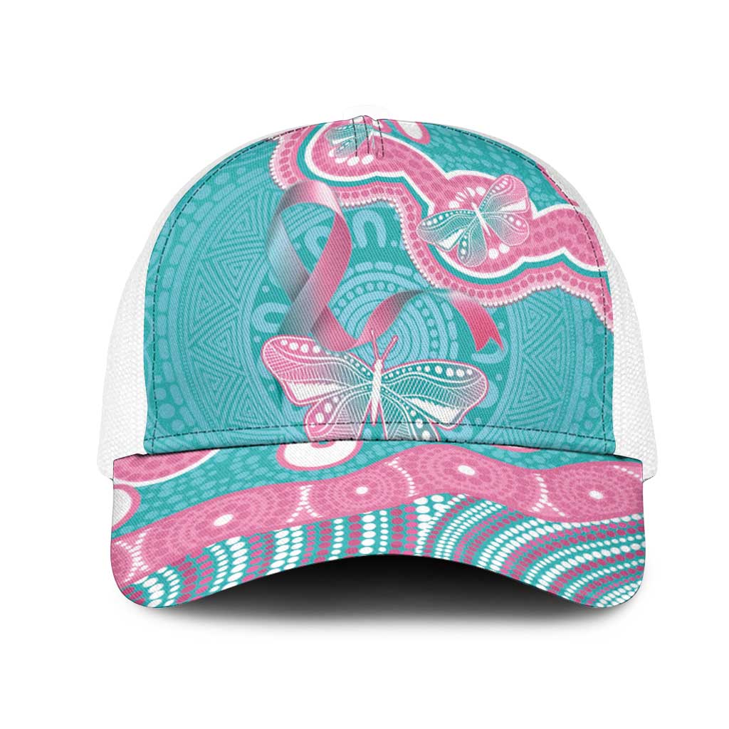 Hereditary And Gynecologic Cancer Awareness Mesh Trucker Cap Teal Pink Ribbon Aboriginal Art - Aussie Hoodie