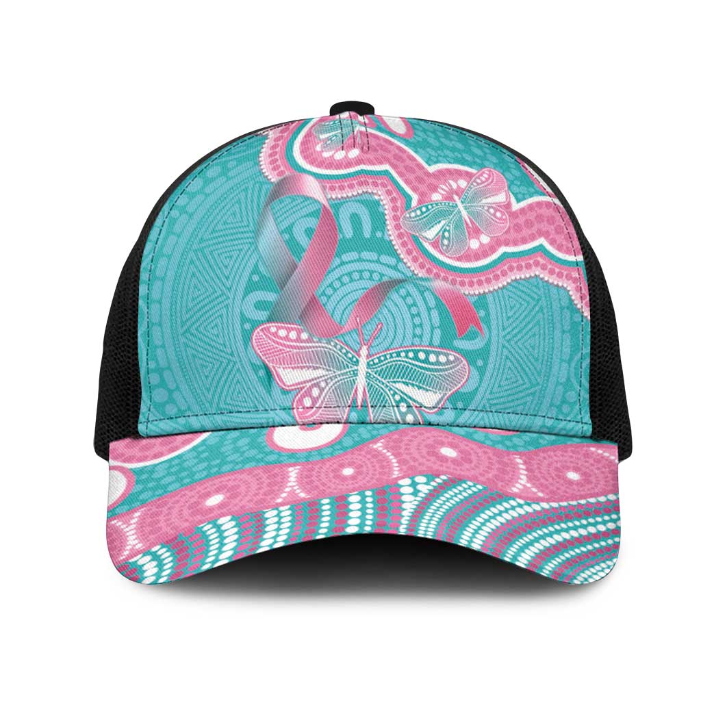 Hereditary And Gynecologic Cancer Awareness Mesh Trucker Cap Teal Pink Ribbon Aboriginal Art - Aussie Hoodie
