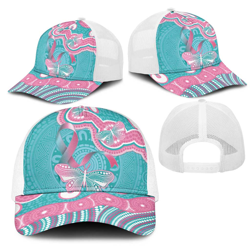 Hereditary And Gynecologic Cancer Awareness Mesh Trucker Cap Teal Pink Ribbon Aboriginal Art - Aussie Hoodie