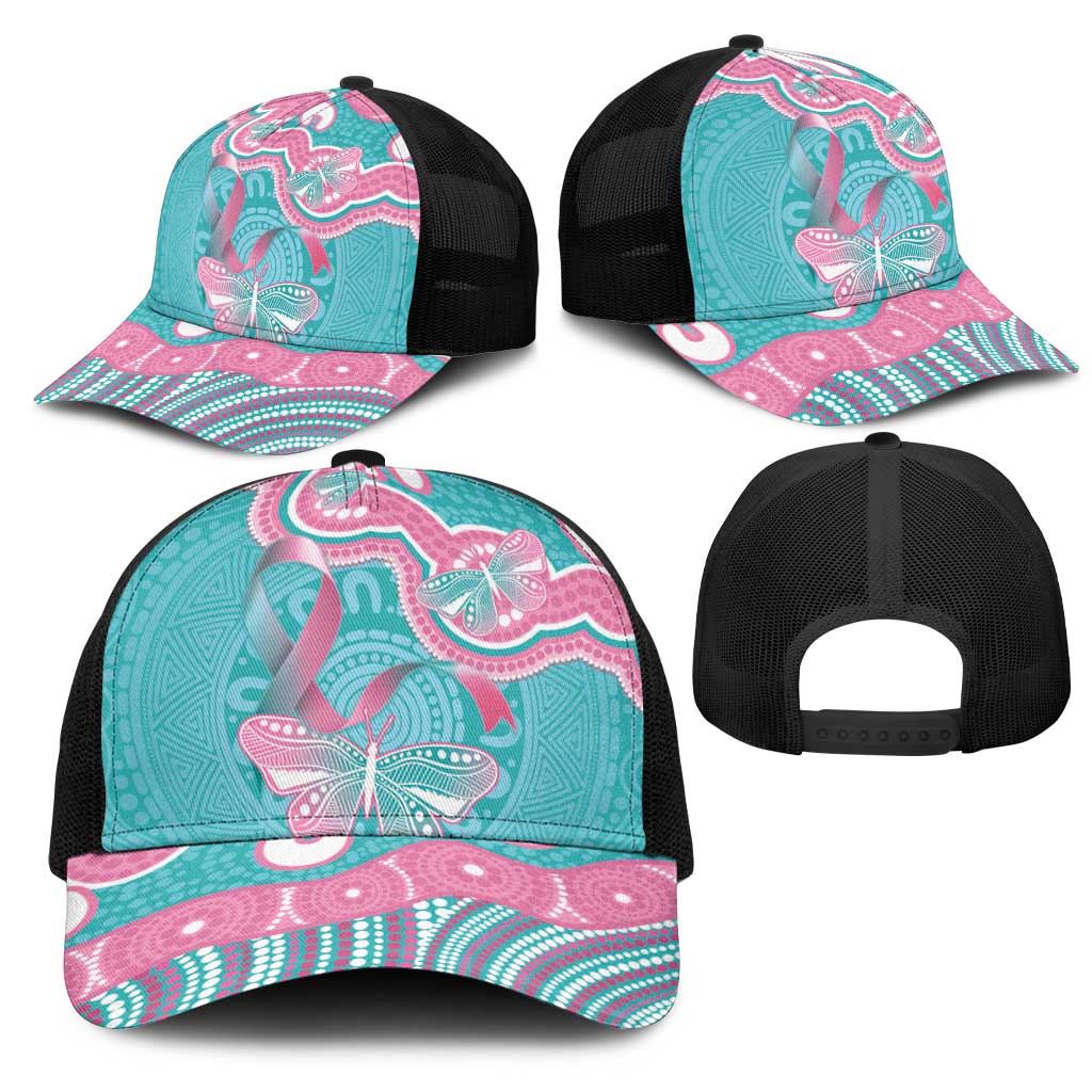 Hereditary And Gynecologic Cancer Awareness Mesh Trucker Cap Teal Pink Ribbon Aboriginal Art - Aussie Hoodie