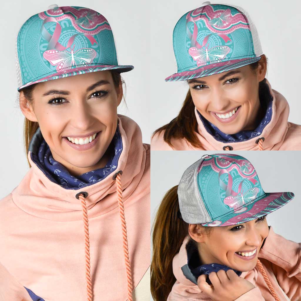 Hereditary And Gynecologic Cancer Awareness Mesh Trucker Cap Teal Pink Ribbon Aboriginal Art - Aussie Hoodie