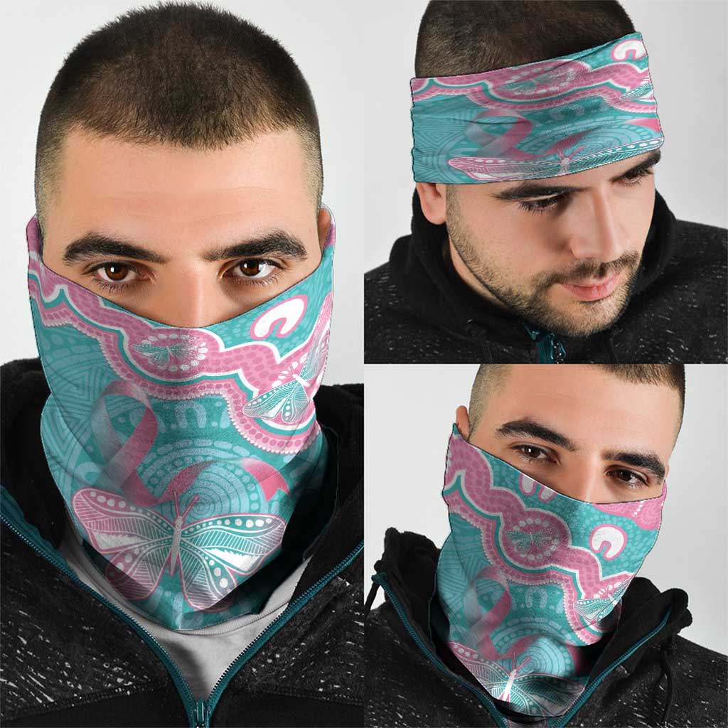 Hereditary And Gynecologic Cancer Awareness Neck Gaiter Teal Pink Ribbon Aboriginal Art - Aussie Hoodie