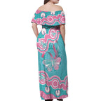 Hereditary And Gynecologic Cancer Awareness Off Shoulder Maxi Dress Teal Pink Ribbon Aboriginal Art - Aussie Hoodie
