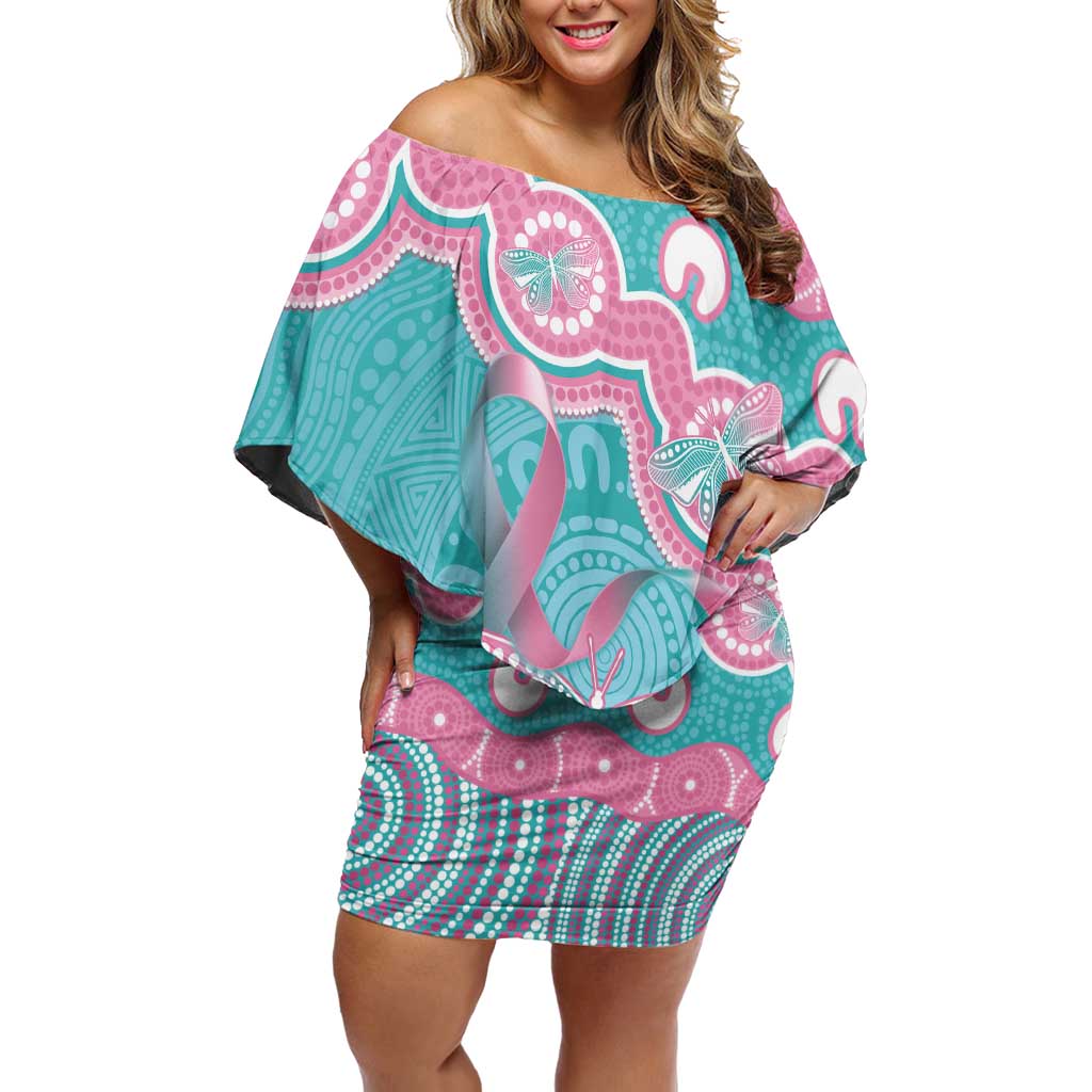 Hereditary And Gynecologic Cancer Awareness Off Shoulder Short Dress Teal Pink Ribbon Aboriginal Art - Aussie Hoodie