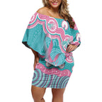 Hereditary And Gynecologic Cancer Awareness Off Shoulder Short Dress Teal Pink Ribbon Aboriginal Art - Aussie Hoodie