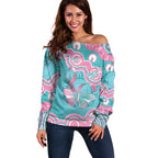 Hereditary And Gynecologic Cancer Awareness Off Shoulder Sweater Teal Pink Ribbon Aboriginal Art - Aussie Hoodie