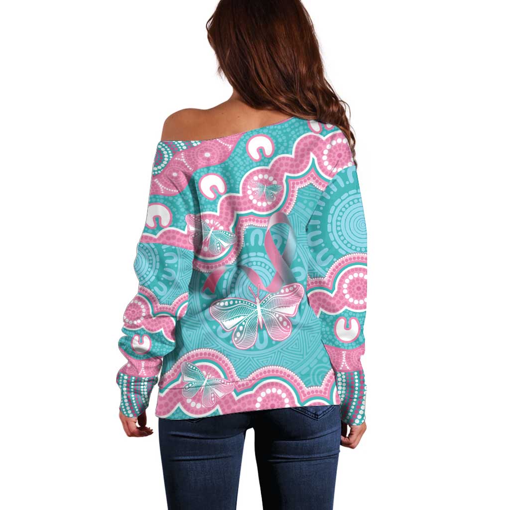 Hereditary And Gynecologic Cancer Awareness Off Shoulder Sweater Teal Pink Ribbon Aboriginal Art - Aussie Hoodie