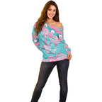 Hereditary And Gynecologic Cancer Awareness Off Shoulder Sweater Teal Pink Ribbon Aboriginal Art - Aussie Hoodie