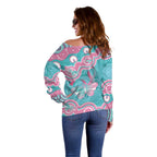 Hereditary And Gynecologic Cancer Awareness Off Shoulder Sweater Teal Pink Ribbon Aboriginal Art - Aussie Hoodie
