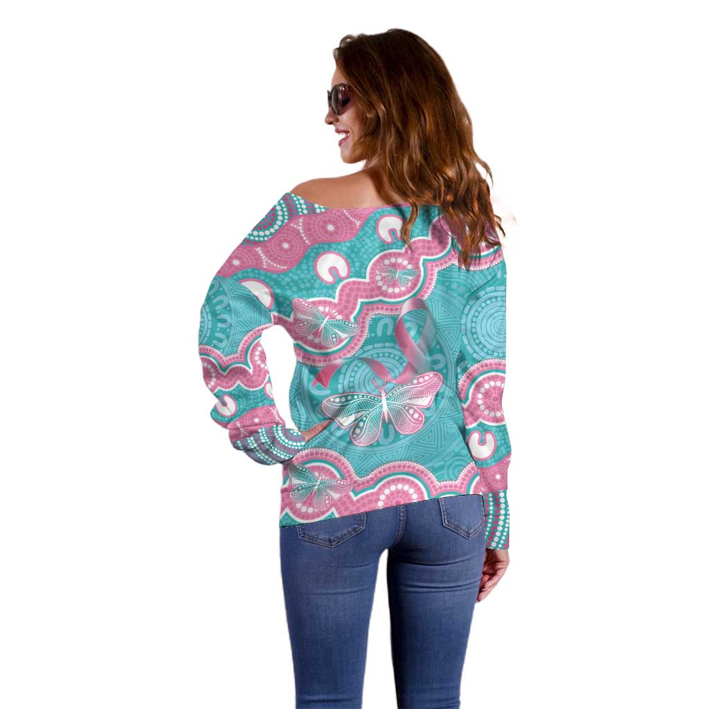 Hereditary And Gynecologic Cancer Awareness Off Shoulder Sweater Teal Pink Ribbon Aboriginal Art - Aussie Hoodie