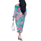 Hereditary And Gynecologic Cancer Awareness Off The Shoulder Long Sleeve Dress Teal Pink Ribbon Aboriginal Art - Aussie Hoodie