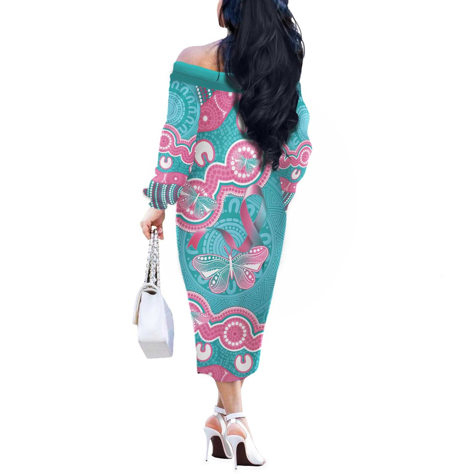 Hereditary And Gynecologic Cancer Awareness Off The Shoulder Long Sleeve Dress Teal Pink Ribbon Aboriginal Art - Aussie Hoodie