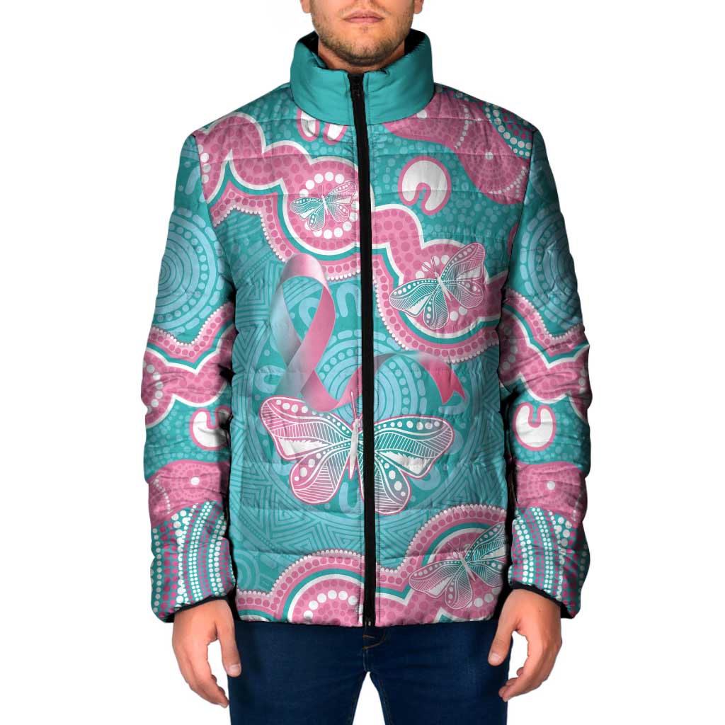 Hereditary And Gynecologic Cancer Awareness Padded Jacket Teal Pink Ribbon Aboriginal Art - Aussie Hoodie